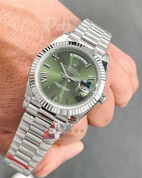 white gold rolex with green dial|Rolex green dial day date.